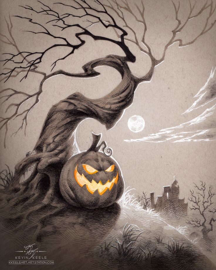 a drawing of a tree with a jack o lantern on it