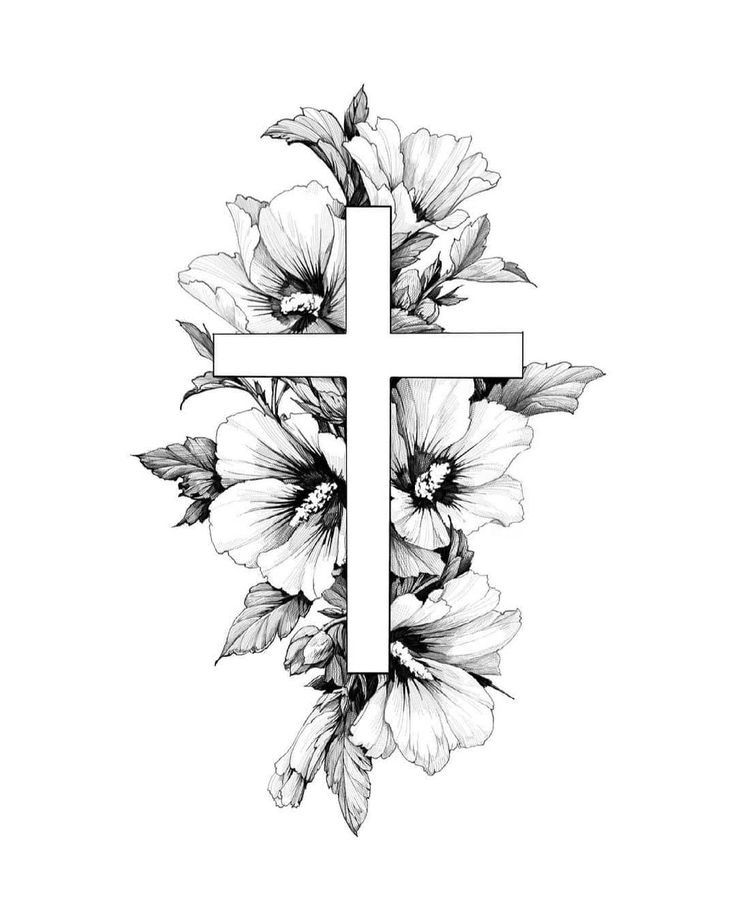 a cross with flowers on it and the word jesus written in black ink above it