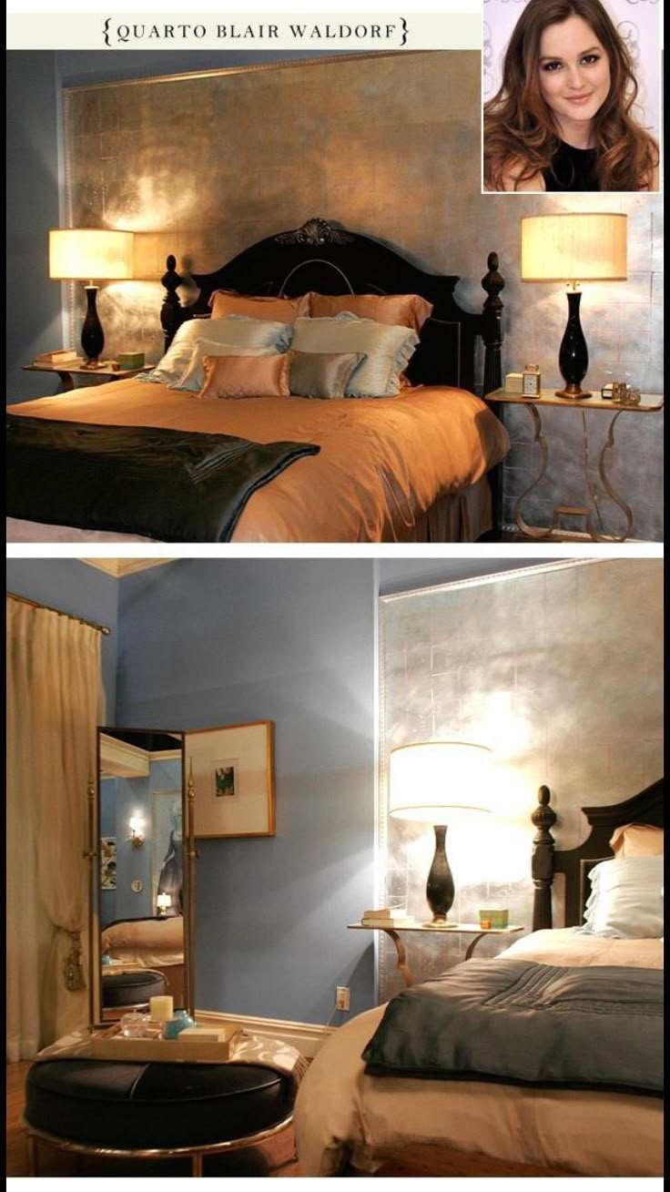 two pictures of a bedroom with white walls and brown bedding, one has a black headboard and the other is gold