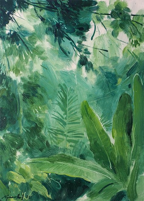 an abstract painting of green plants and trees