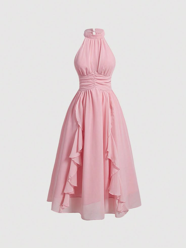 Rosa chiclete Casual Collar Sem Mangas Tecido Simples Em A Embellished Não elástico Ruched Waist Dress, Pink Ruffle Dress, Flamenco Dress, Modesty Outfits, Pink Summer Dress, Elegant Outfits, Shein Dress, Medieval Dress, Night Out Dress