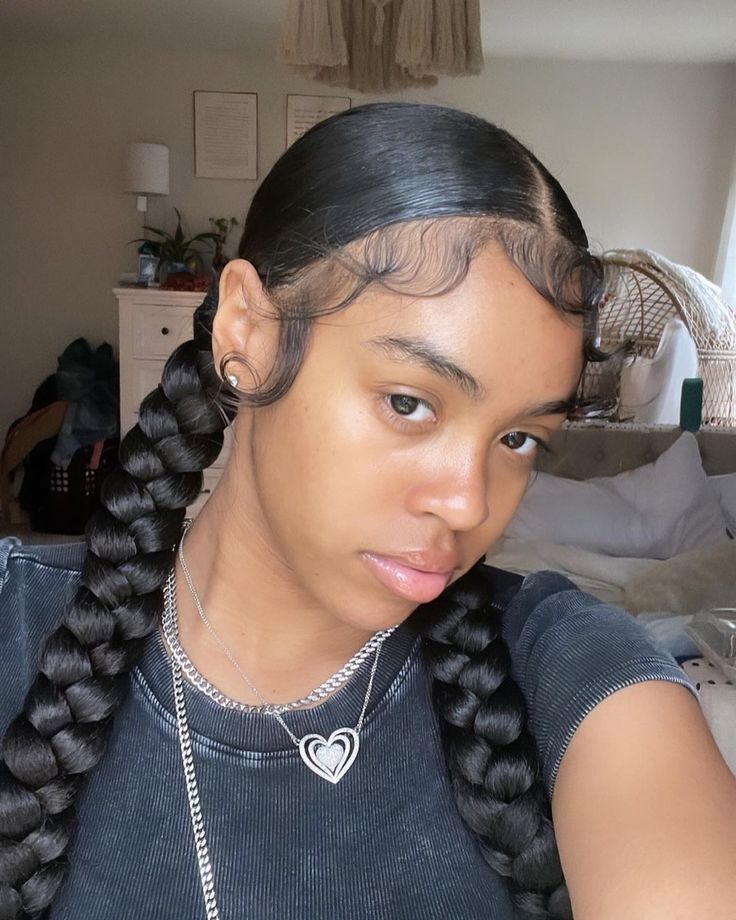 Hairstyles For Black Women Braided Ponytail, Black Hairstyles Two Braids, Two Ponytail Natural Hair, Simple 2 Braids Hairstyles, Two Large Braids Black Women, To Braided Ponytails, Braided Pig Tails Hairstyles Women Black, Cute Easy Hairstyles Braids Black, Quick Hairstyles Braids Black