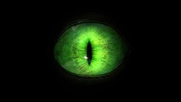 the green eye is glowing in the dark