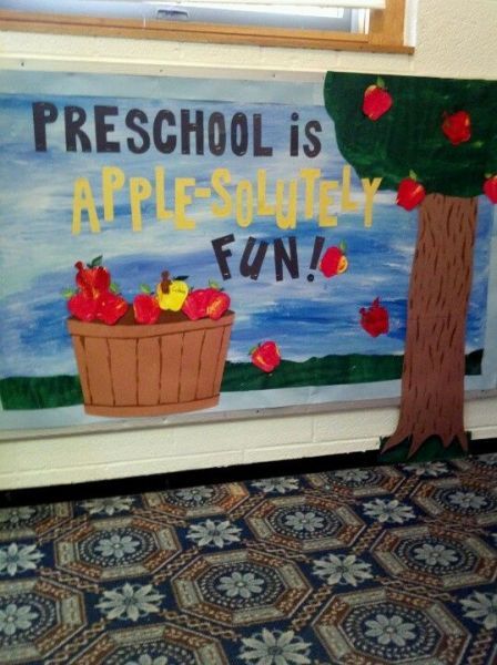 a sign that says preschool is apple - sautey fun on the front door