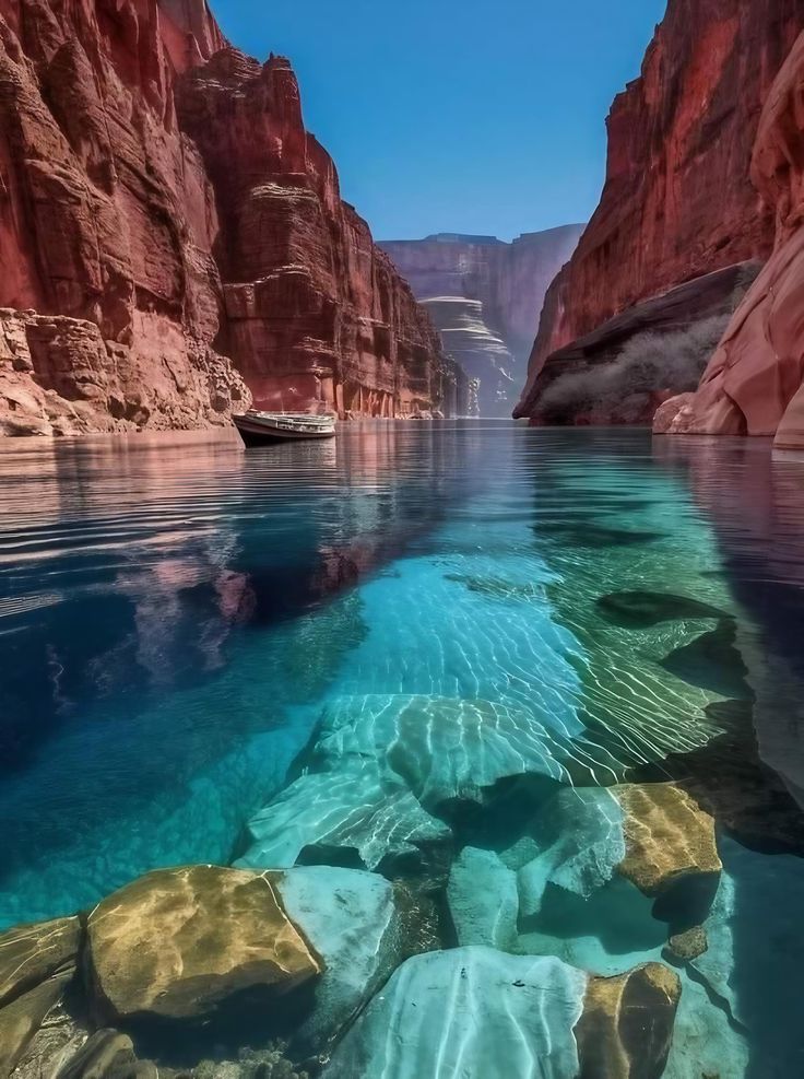 the water is crystal blue and clear in this canyon area, with rocks on both sides