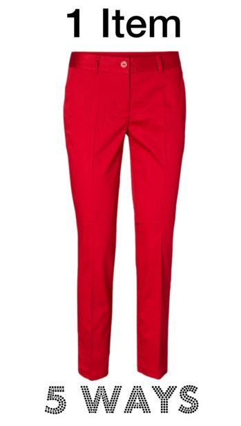 Ideas on how to style red pants in different ways. Red Pants Denim Shirt Outfit, Red Pant Work Outfits, Red Pants Spring Outfit, Red Pants Winter Outfit Women, Styling Red Jeans, Women's Red Pants Outfit, Red Chinos Outfit Women, Work Outfits Red Pants, Casual Red Pants Outfit