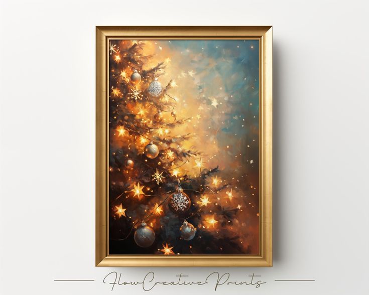 a painting of a christmas tree with lights on it