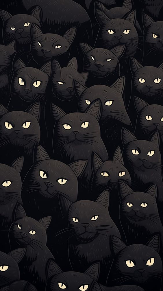 many black cats with glowing eyes are in the dark