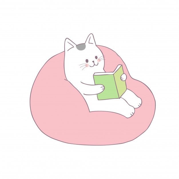 a cat sitting on a bean bag chair reading a book with its paw up and eyes closed