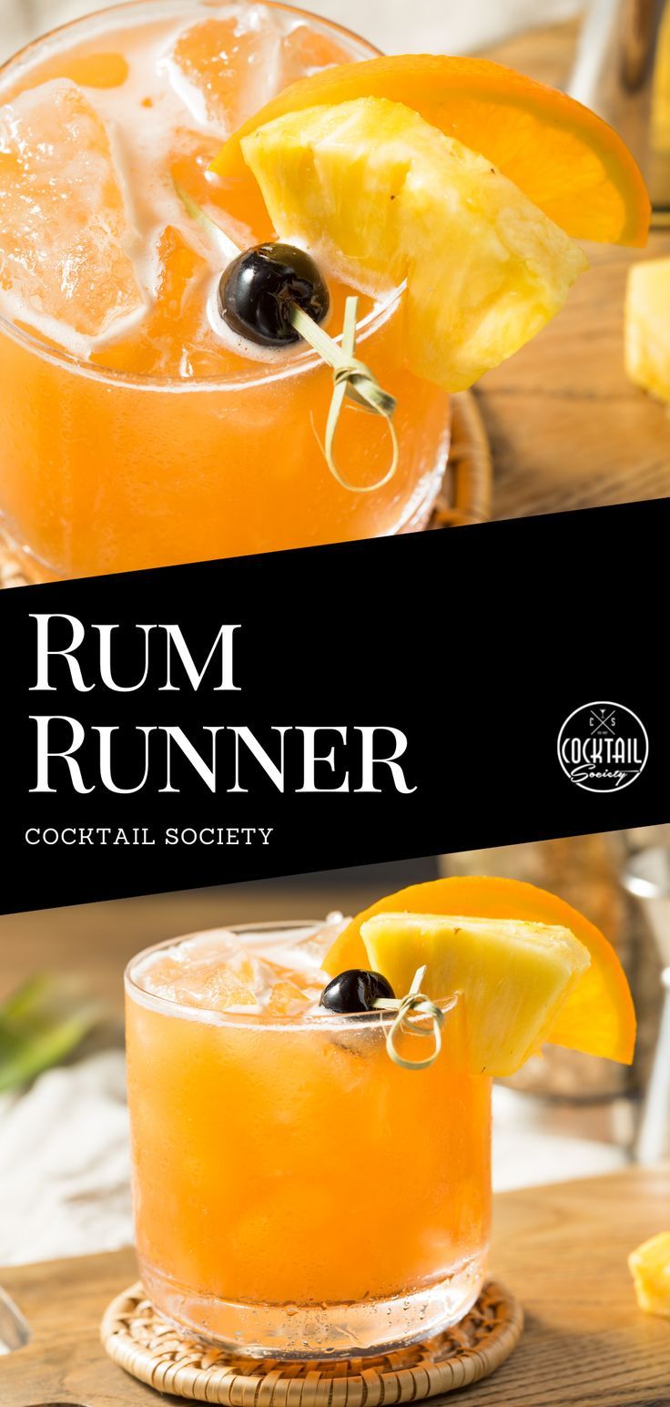 the rum runner cocktail is garnished with an orange slice and black olives