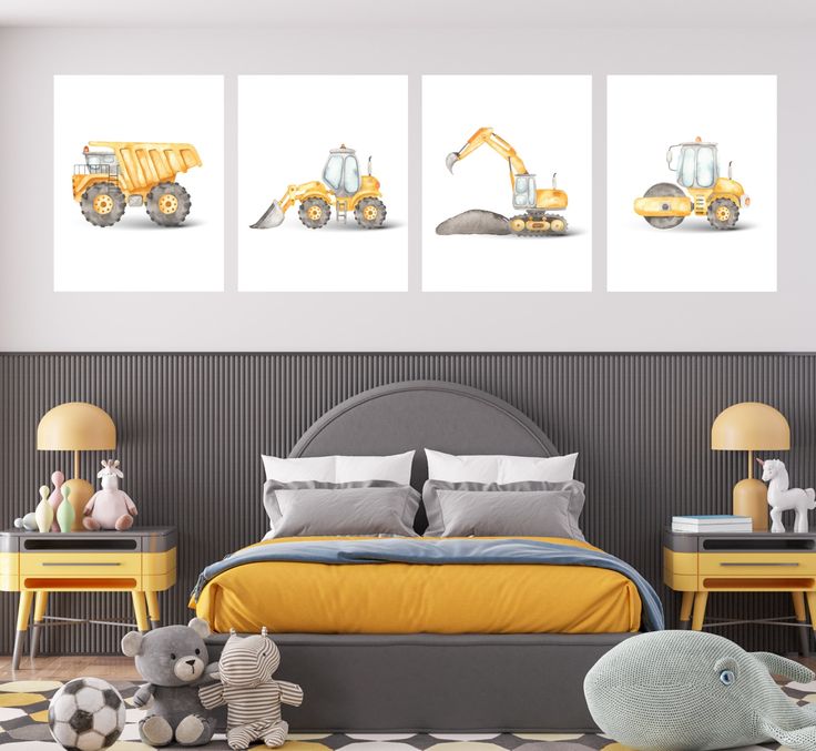 a bed room with three pictures on the wall and two teddy bears sitting in front of it