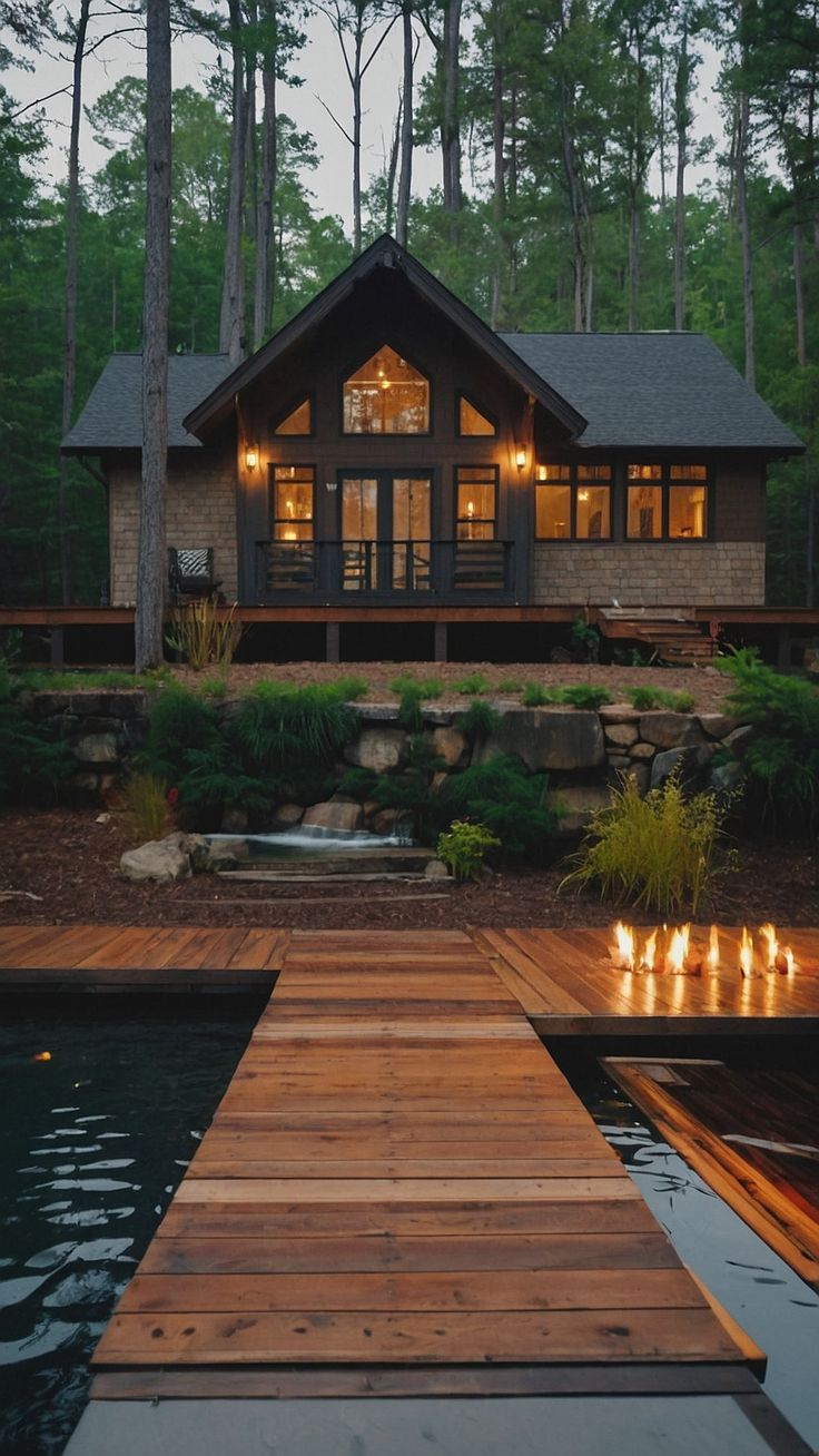 a wooden dock leading to a house with lit candles in the water and trees around it