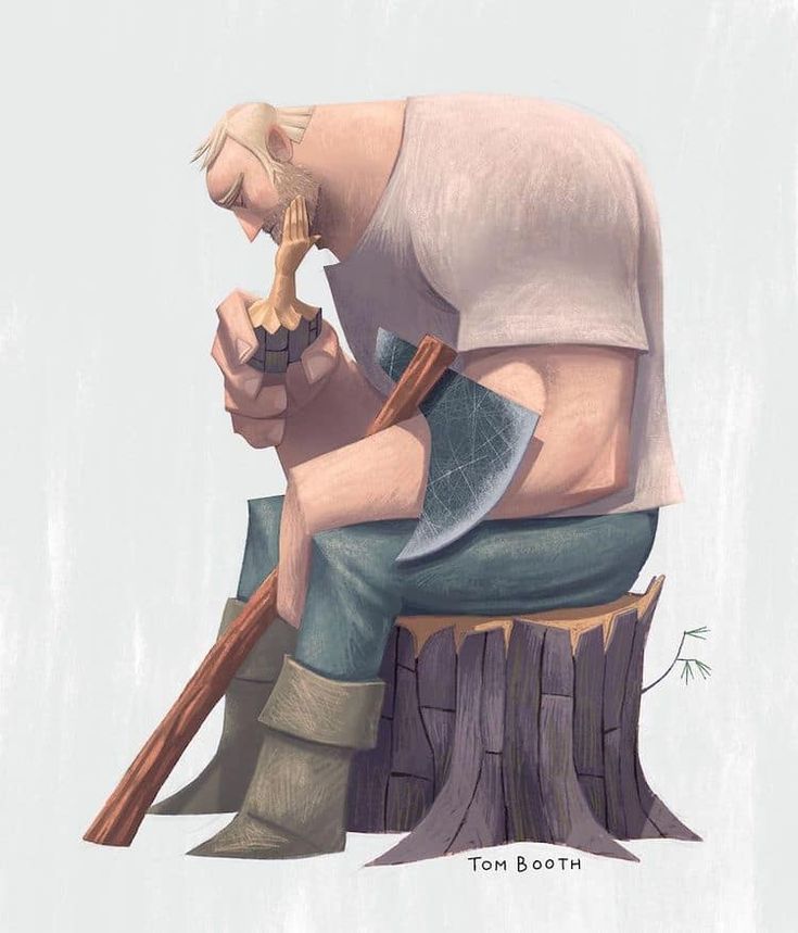 a drawing of a man sitting on top of a tree stump holding a knife and looking down