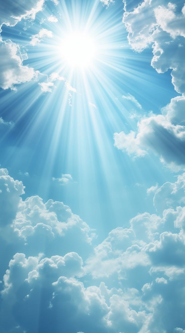 the sun shines brightly through the clouds in this blue and white sky with bright rays