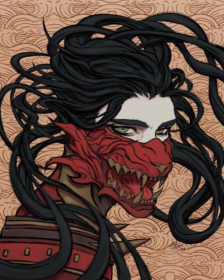 a drawing of a woman with long black hair and demon makeup on her face, in front of an ornate background