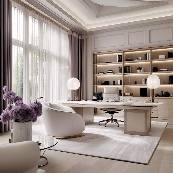 an elegant office with white furniture and purple flowers