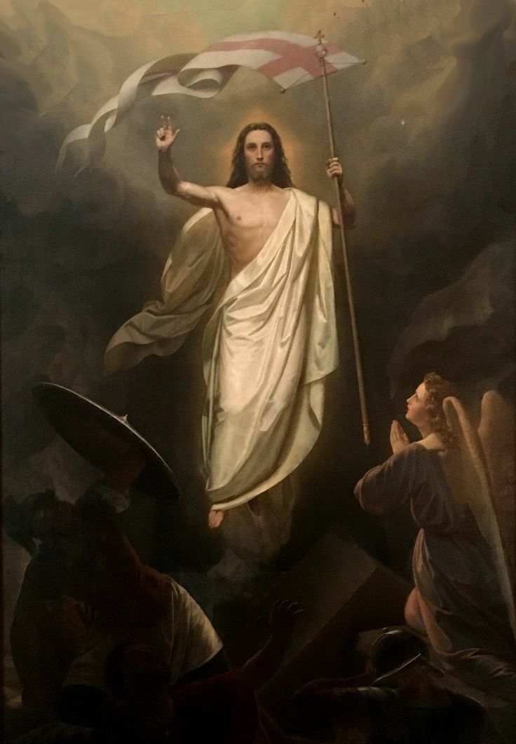 a painting of jesus holding a flag and standing in front of other people with his hands up