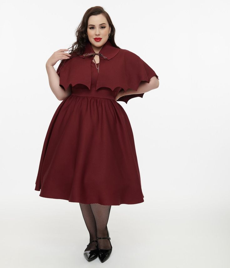 Disney Hocus Pocus Collection by Unique Vintage Plus Size Burgundy & Grey Plaid Capelet Swing Dress - Womens, DRESSES, SWING Plus Size Winter Formal Dresses, Plus Size Fantasy Outfits, Dark Academia Plus Size, Wing Silhouette, Vintage Plus Size Fashion, Taurus Rising, Couples Cosplay, Winter Formal Dresses, Vintage Plus Size