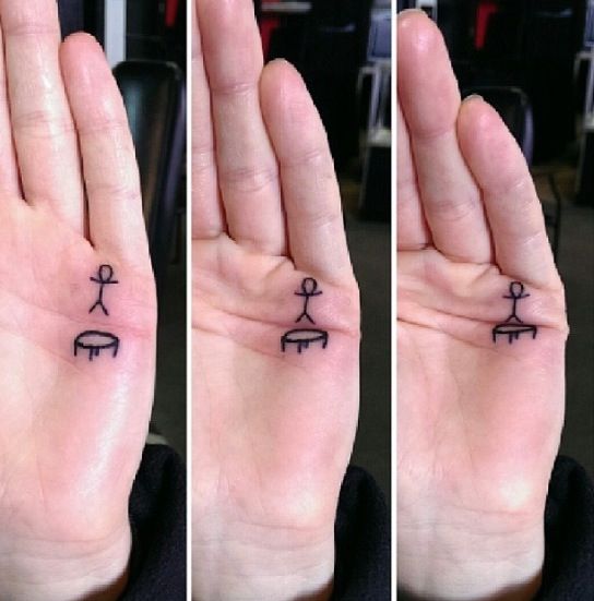 three pictures of a person's hand with small tattoos on the palm and fingers