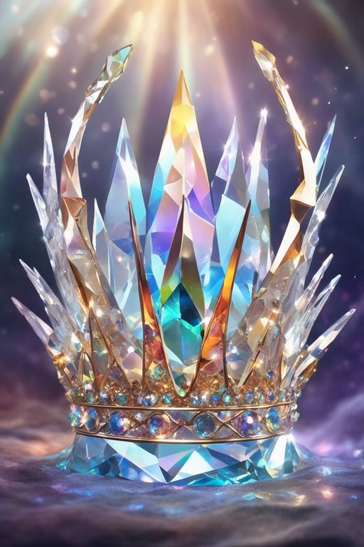 a shiny crystal crown sitting on top of a blue surface with the sun shining behind it