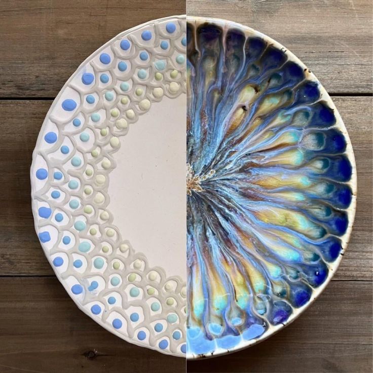 a white plate with blue and yellow designs on the side, sitting on a wooden table