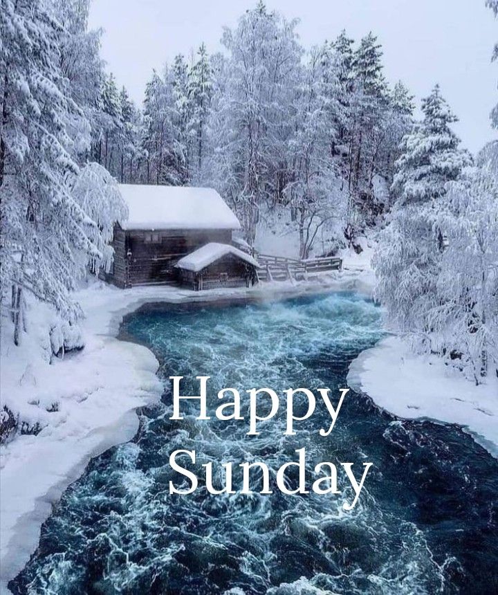 a snowy scene with the words happy sunday written in front of it and a river running through