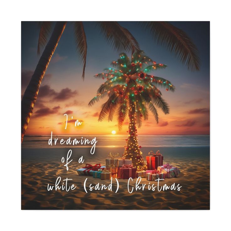 a christmas card with presents under a palm tree on the beach at sunset, saying i'm dreaming of a white grand christmas