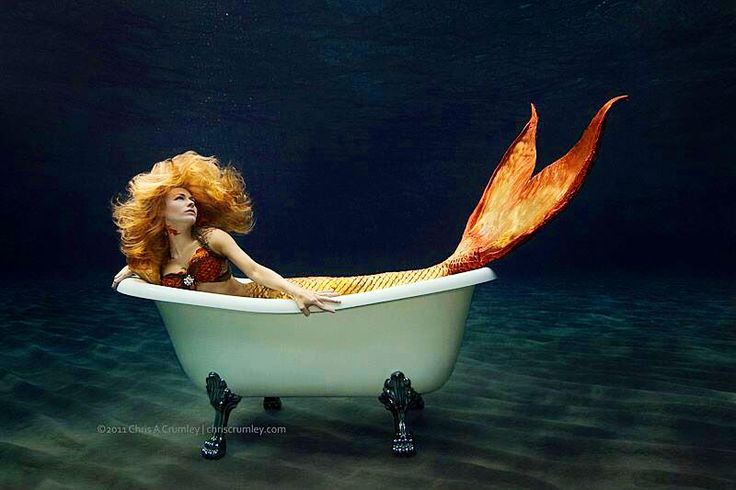 a woman with red hair sitting in a bathtub surrounded by water and corals