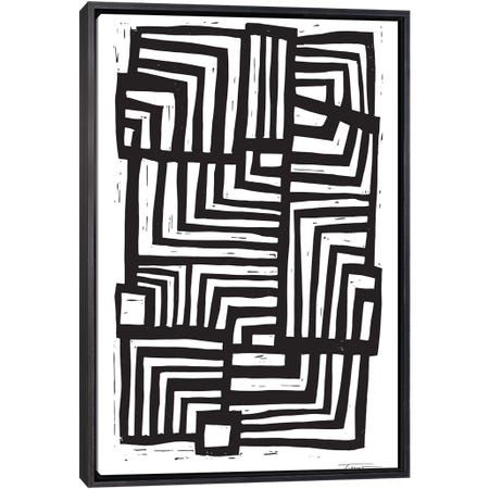 an abstract black and white painting with lines in the shape of squares on a white background