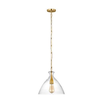 a glass and brass pendant light hanging from the ceiling