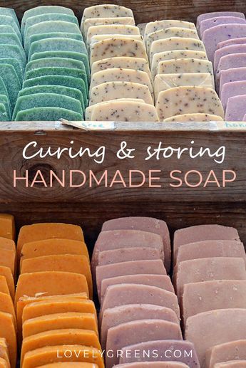 a display case filled with lots of different colored soaps next to the words, curing & storing handmade soap