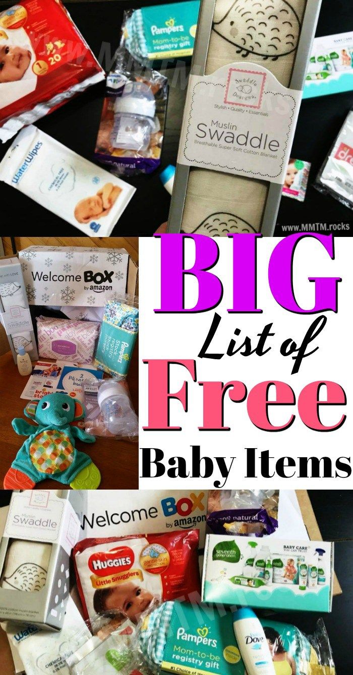 the big list of free baby items is shown in this collage with text overlay