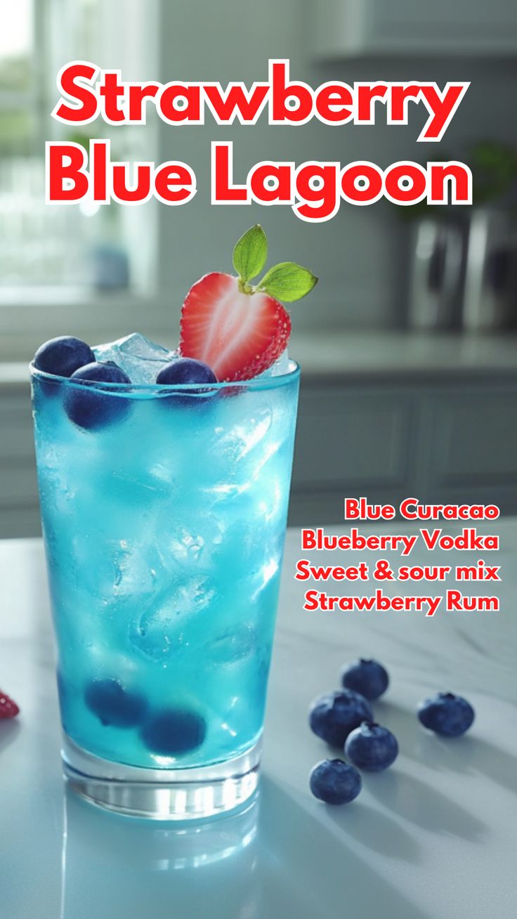 a blue beverage with strawberries on the rim