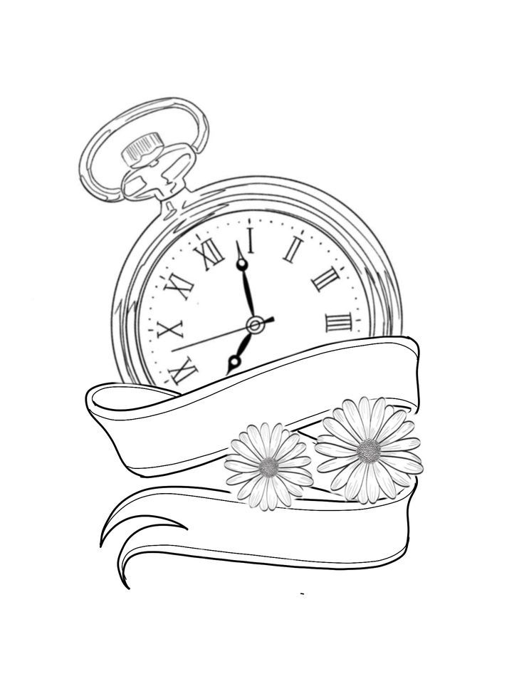 a drawing of an alarm clock with a ribbon around it and flowers on the side