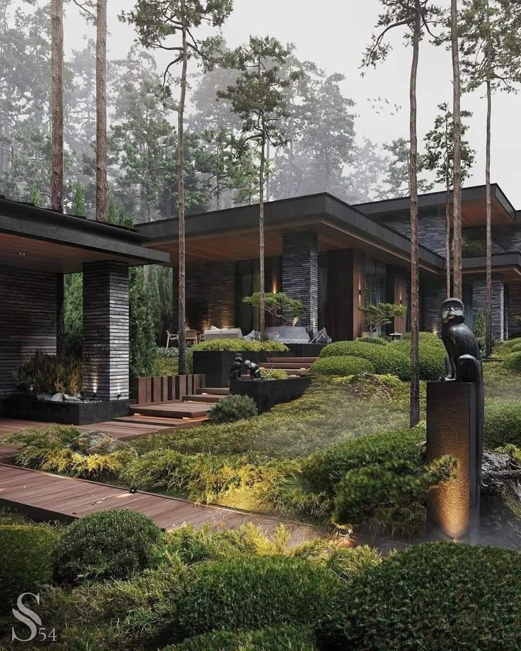 an artistic rendering of a house in the middle of some trees and bushes with a fountain