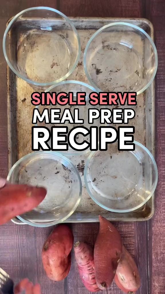 the recipe for single serve meal prepped in glass dishes on a wooden table with text overlay that reads, single serve meal prep