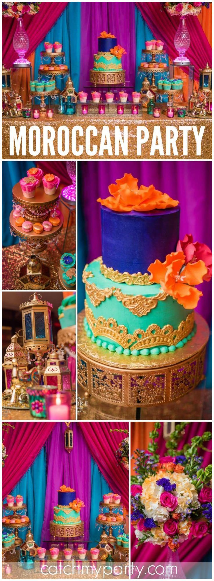 moroccan party collage with colorful cake and desserts in the foreground, including an orange flower on top