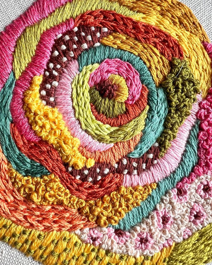 a close up view of some colorful crocheted material