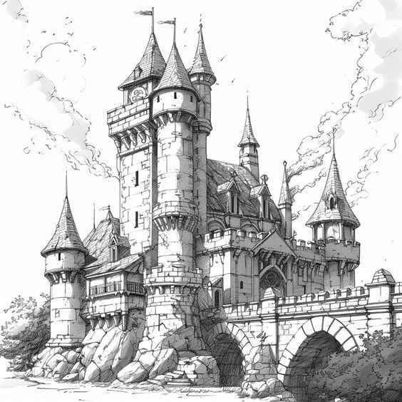 an ink drawing of a castle with turrets