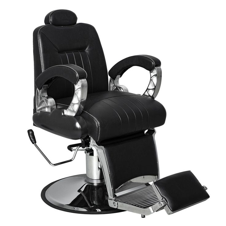 a black barber chair with chrome trimming