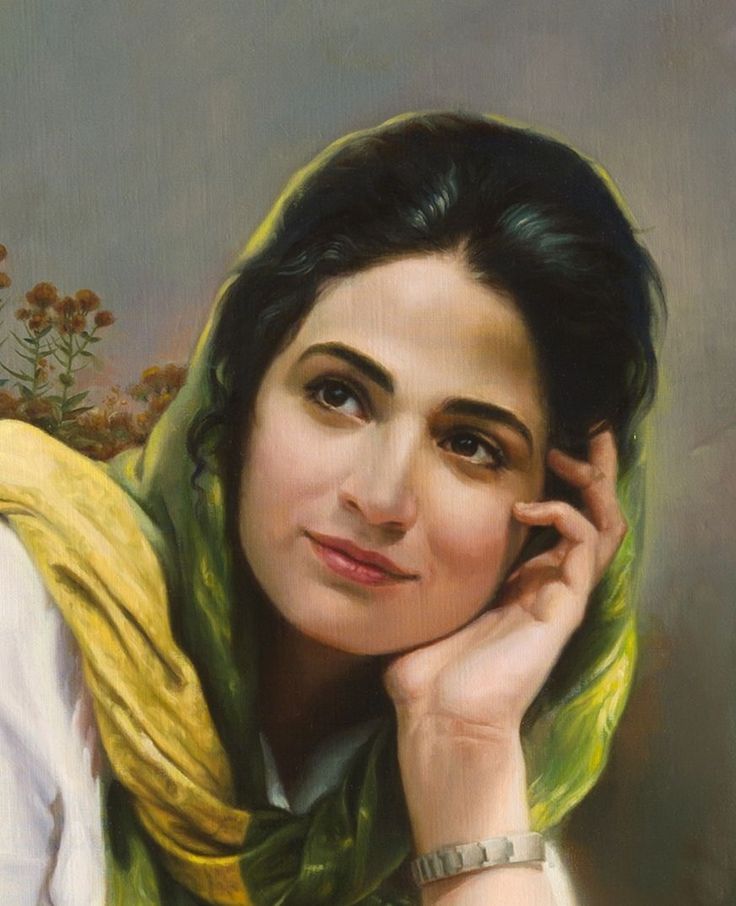 a painting of a woman with a yellow shawl on her head and hands to her face