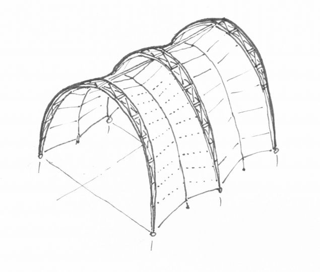 an outline drawing of a curved metal structure