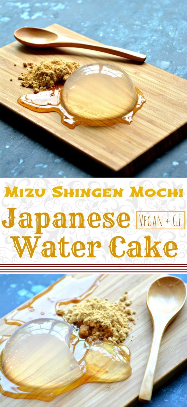 the ingredients for japanese water cake on a cutting board with spoons and wooden utensils