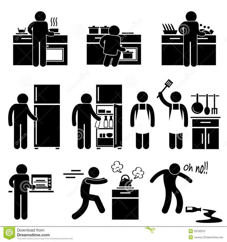 black and white pictograms of people doing different things in the kitchen stockvector