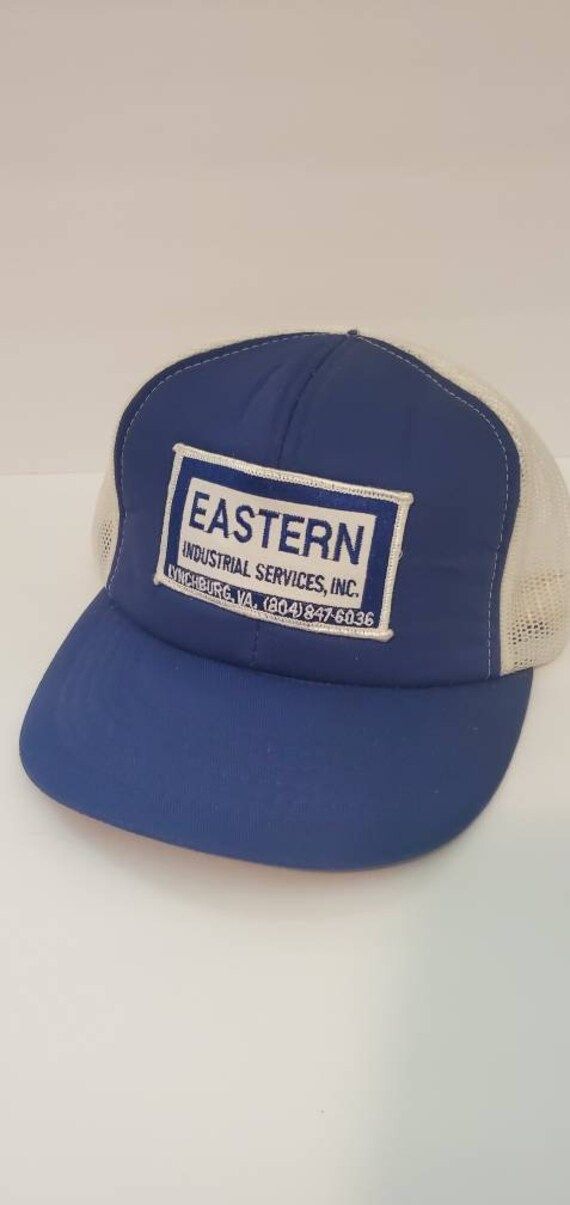 Rare! Missing the button but a true vintage 80's trucker style hat blue collar son! Vintage Trucker Cap For Spring, Vintage Trucker Hat For Spring, Vintage Spring Trucker Cap, Spring Vintage Trucker Hat, Vintage Snapback Cap For Spring, Vintage Snapback Hat For Spring, Vintage Blue Hat With Flat Brim, Vintage Blue Flat Brim Hat, Vintage Blue Adjustable Trucker Hat