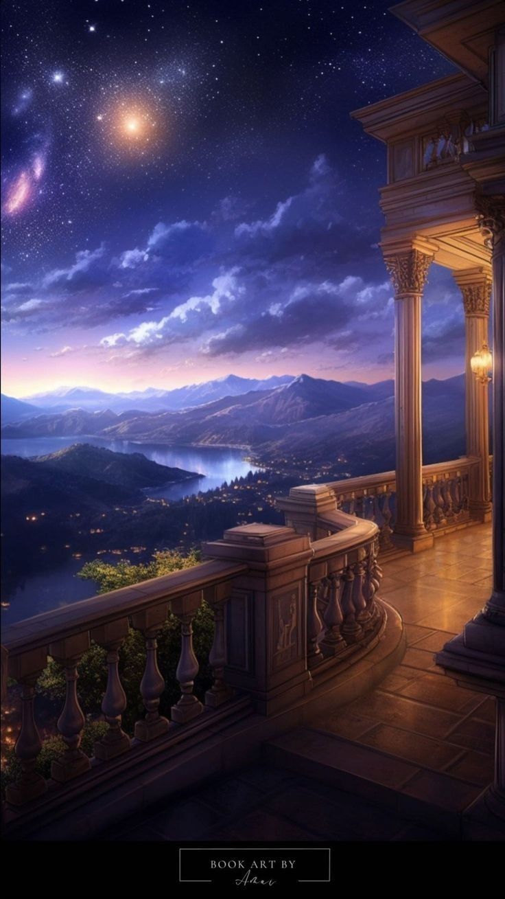 an image of a balcony at night with the stars in the sky and mountains behind it