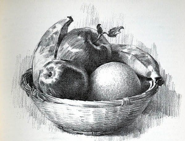 a drawing of apples and bananas in a basket