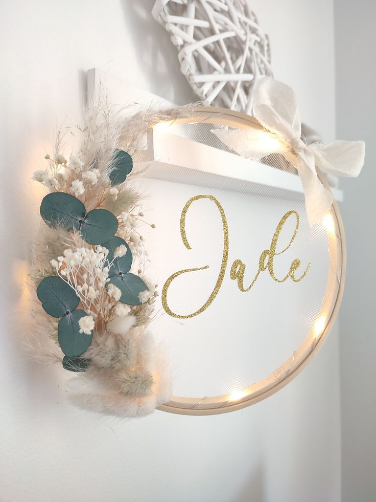 a wreath with some lights hanging on the wall