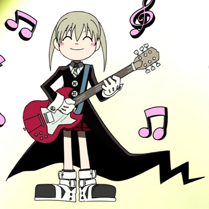 a drawing of a girl with a guitar and music notes around her neck, standing in front of a white background