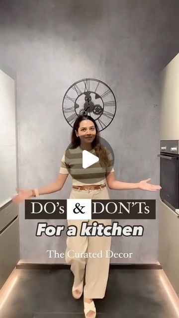 a woman standing in front of a wall with the words do's and don'ts for a kitchen